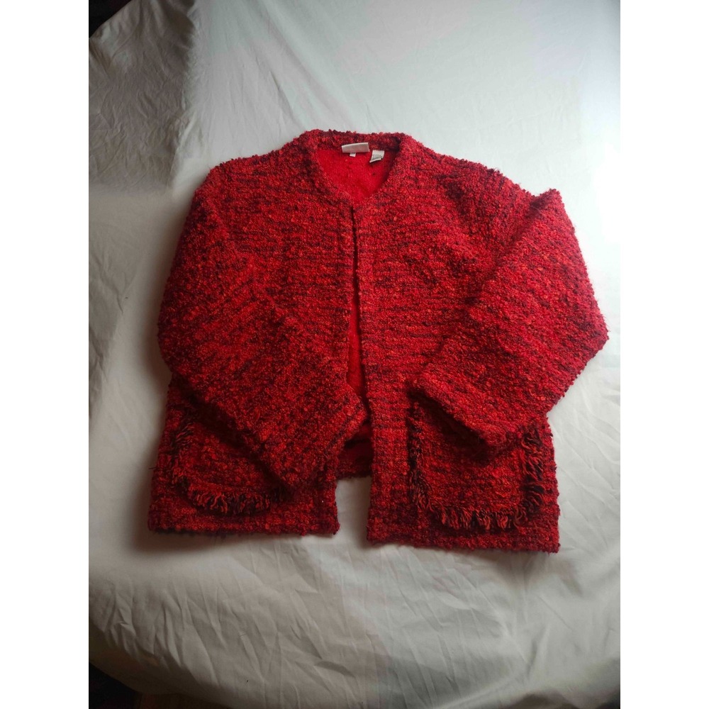 Chico's Design Jacket Womens Size 2/Large Red Textured Wool Blend Open Front
